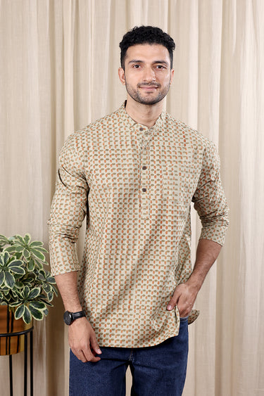 Sand Brown Sanganeri Fine Cotton Men Short Kurta Full Sleeves MSKFS252C29