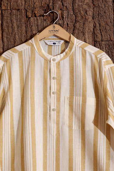 Mustard Stripes Cotton Linen Men Short Kurta Full Sleeves MSKFS253C10