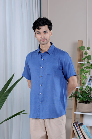 Denim Blue Dyed Lyocell Linen Men Shirt