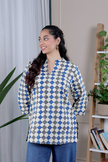 Blue Grey Bagru Lite Cotton Flax Women Kurti