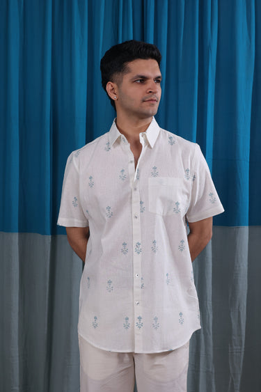 Steel Grey Sanganeri Natural Cotton Linen Men Shirt Half Sleeves MSHHS122513