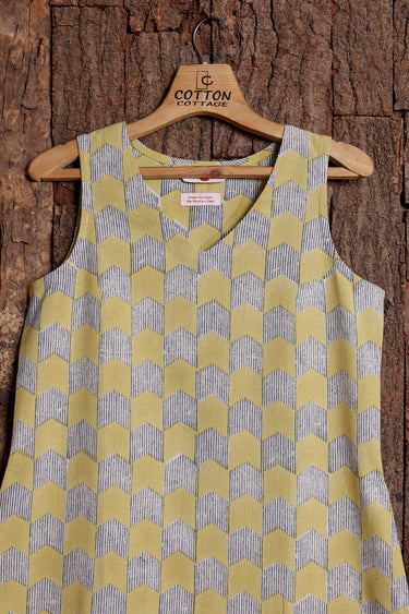 Mustard Sanganeri Natural Cotton Linen Women Midi Dress