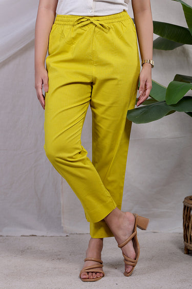 Gold Yellow Dyed Natural Cotton Linen Women Ankle Pant