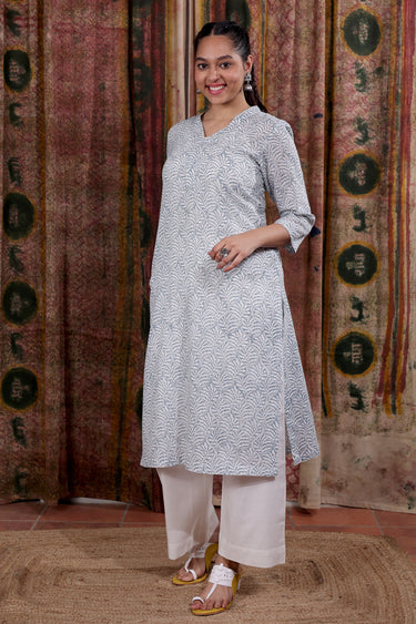 Grey Sanganeri Cotton Small Checks Women Long Kurta Long Sleeves WLKLS253C51