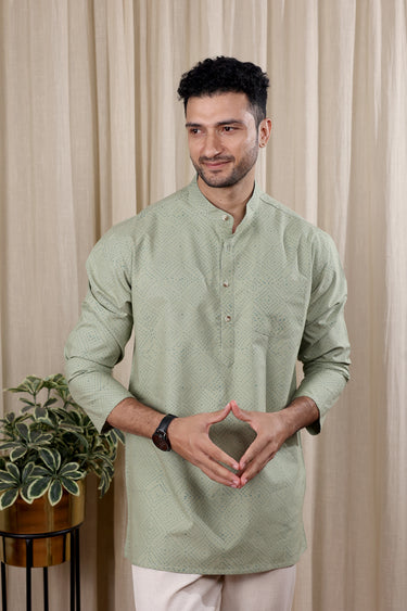 Sage Green Sanganeri Fine Cotton Men Short Kurta Full Sleeves MSKFS252C31