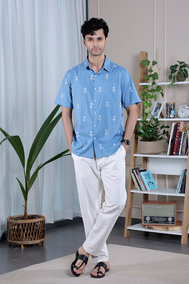 Denim Blue Sanganeri Cotton Dobby Men Shirt