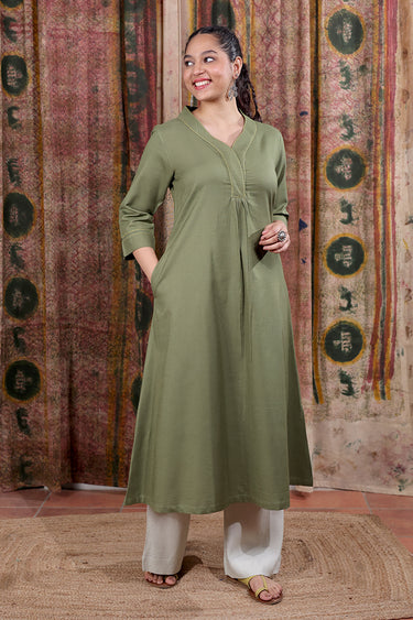 Green Hand Dyed Cotton Viscose Blend Women Long Kurta