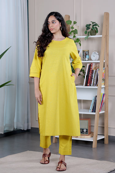 Golden Yellow Dyed Classic Cotton Linen Women Long Kurta