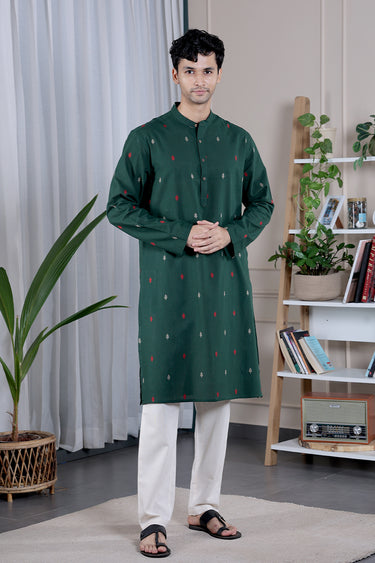Emerald Green Dobby South Cotton Men Long Kurta