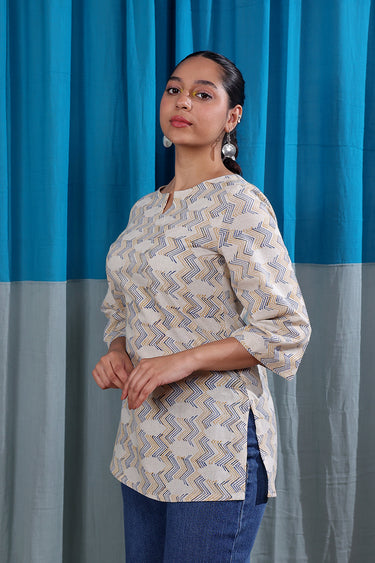 Ivory Sanganeri Natural Cotton Linen Women Kurti Long Sleeves WKILS122511