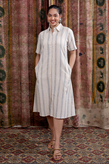 Blue Grey Sanganeri Cotton Linen Women Midi Dress Short Sleeves WDRSS253C8