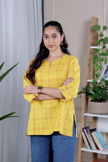 Yellow Checks Dobby South Cotton Women Kurti