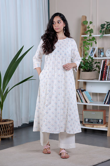 Pastel Peach Sanganeri Cotton Dobby Women Long Kurta