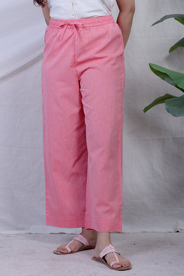 Coral Red Stripes South Cotton Women Flared Pant