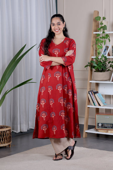 Rust Ajrakh Cotton Women Long Kurta