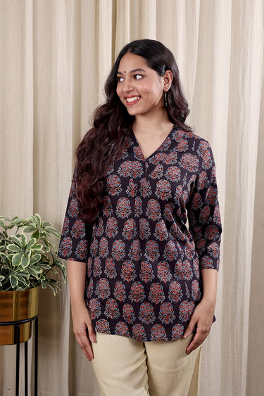 Black Ajrakh Cotton Modal Women Kurti Long Sleeves WKILS252C92