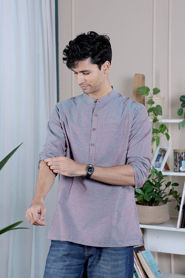 Red Blue Yarn Dyed Fine Cotton Men Short Kurta