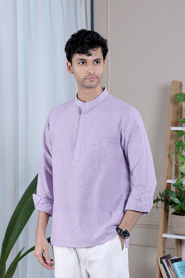 Dusty Mauve Stripes South Cotton Flax Men Short Kurta