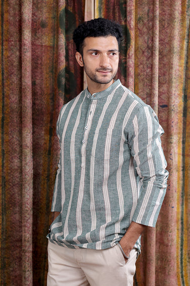 Forest Green Stripes Cotton Linen Men Short Kurta Full Sleeves MSKFS252C62