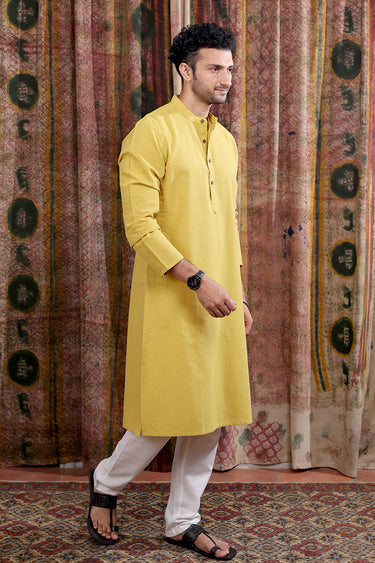 Mustard Yarn Dyed Cotton Flax Men Long Kurta Full Sleeves MLKFS253C30