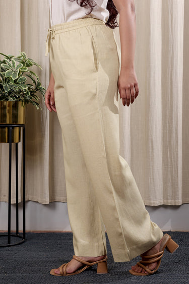Sand Beige Hand Dyed Rayon Flax Women Wide Leg Pant WWLPT252C4