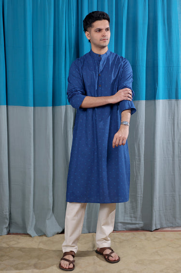 Indigo Sanganeri Natural Cotton Linen Men Long Kurta