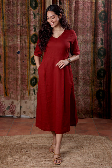 Maroon Hand Dyed Lyocell Linen Women Midi Dress Long Sleeves WDRLS252C5