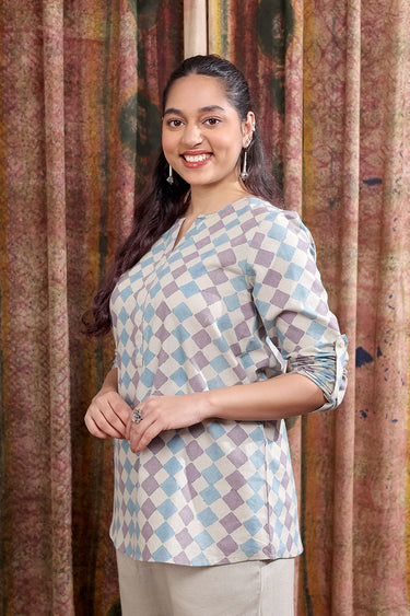 Purple Blue Sanganeri Cotton Linen Women Kurti Long Sleeves WKILS253C27