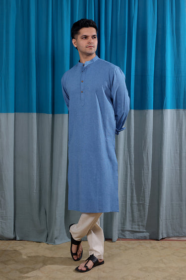 Ocean Blue Yarn Dyed South Cotton Flax Men Long Kurta