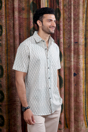 Green Sanganeri Cotton Linen Men Shirt Half Sleeves MSHHS253C2