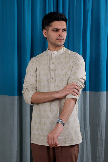 Rock Beige Sanganeri Natural cotton Linen Men Short Kurta