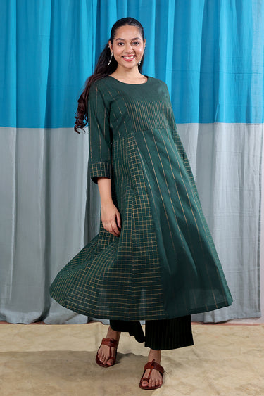 Forest Green Thick Stripes Zari South Cotton Women Long Kurta Long Sleeves WLKLS253C67