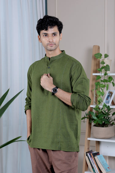 Forest Green Dyed Classic Cotton Linen Men Short Kurta