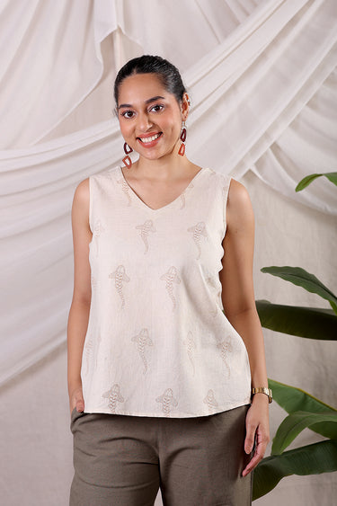 The Wayfinder Pastel Brown Sanganeri Natural Cotton Linen Women Short Top