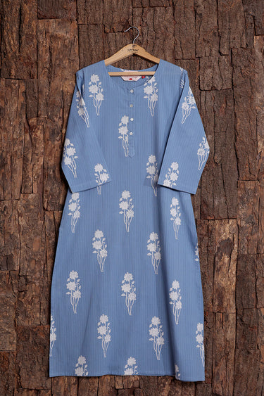 Light Indigo Sanganeri Cotton Misdent Women Long Kurta