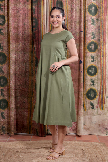 Green Hand Dyed Cotton Viscose Blend Women Midi Dress Short Sleeves WDRSS253C4