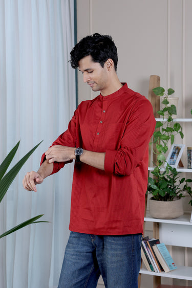 Deep Red Dyed Cotton Misdent Men Short Kurta