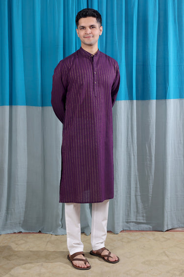 Dark Plum Stripes Zari South Cotton Men Long Kurta Full Sleeves MLKFS122512