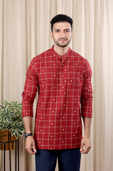 Brick Red Checks Buta South Cotton Men Short Kurta Full Sleeves MSKFS252C56