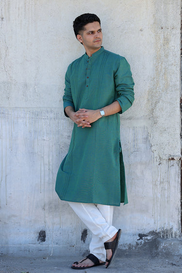 Aqua Blue Yarn Dyed Fine Cotton Flax Men Long Kurta Full Sleeves MLKFS12257