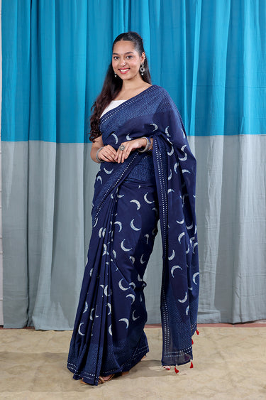 Indigo Dhabu Cotton Malmal Saree