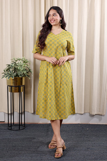 Mustard Bagru Cotton Women Midi Dress Long Sleeves WDRLS252C25