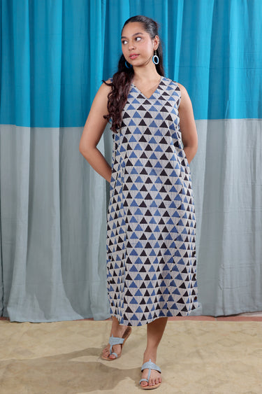 Blue Black Bagru Cotton Slub Women Midi Dress