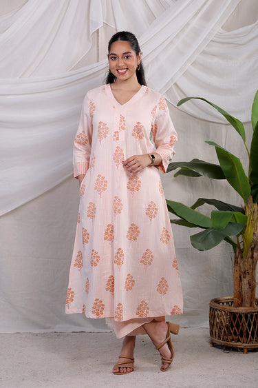 Tropical Peach Sanganeri Cotton Dobby Women Long Kurta