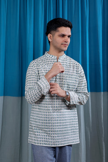 Green Blue Sanganeri Natural Cotton Linen Men Short Kurta Full Sleeves MSKFS12252