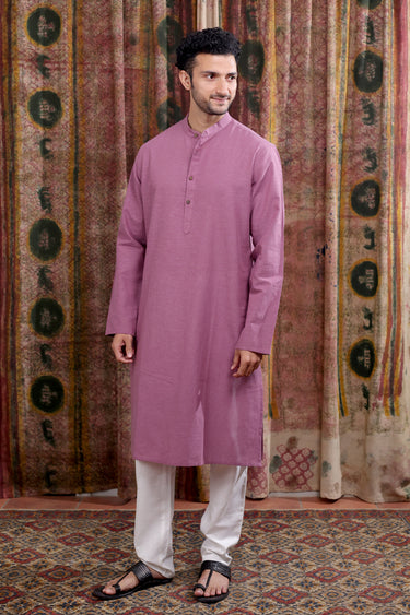 Mauve Yarn Dyed Cotton Flax Men Long Kurta Full Sleeves MLKFS253C29