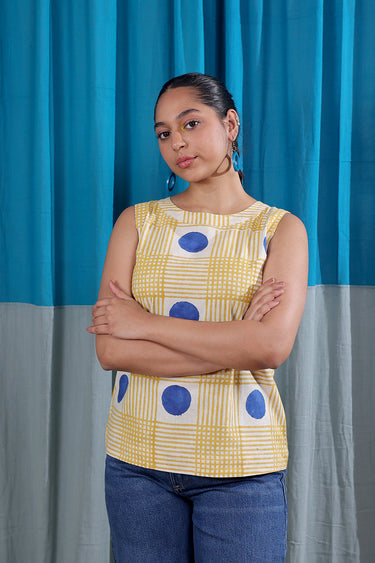 Bright Yellow Sanganeri Natural Cotton Linen Women Short Top Sleeveless WSTSL12254