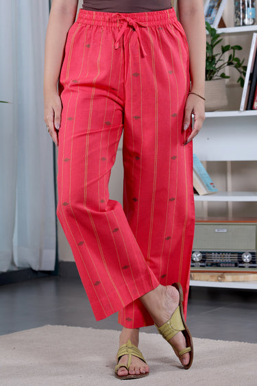 Red Stripes Dobby Fine Cotton Flax Women Flared Pant