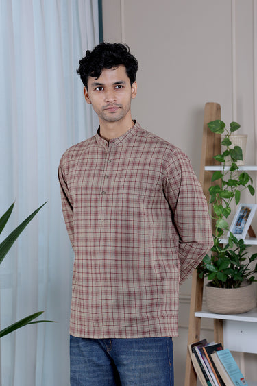 Pastel Brown Checks South Cotton Men Short Kurta