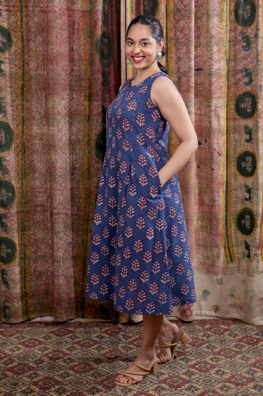 Indigo Dhabu Cotton Women Midi Dress Sleeveless WDRSL253C16